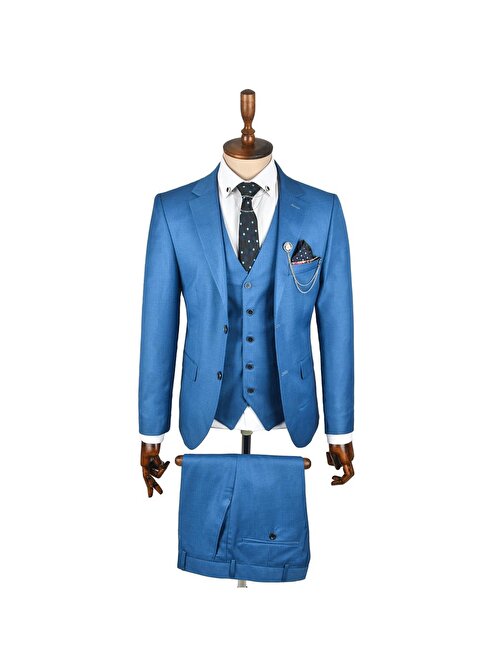 DeepSEA Erkek İndigo Mavi Çift Düğme Çift Yırtmaç Yelekli Slim Fit 3lü Takım Elbise 2301501
