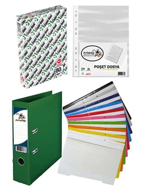 Fotokopi Kağıdı Yeşil Büro Klasörü Telli Dosya ve Poşet Dosya Seti 1 Adet Büro Klasörü 10 Renk Telli Dosya 100 Adet Poşet Dosya