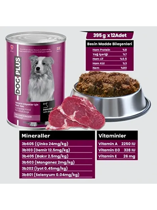 DogPlus Pate İçinde Et Parçacıklı Dana Etli Yetişkin Köpek Konserve Yaş Mama 395 Gr x 12 Adet