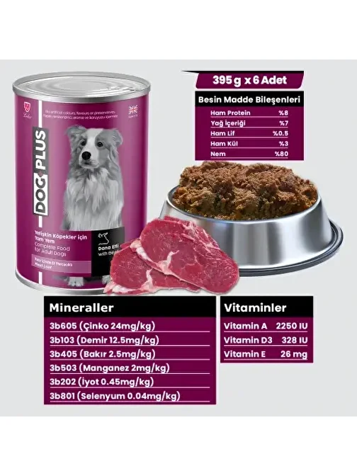 DogPlus Pate İçinde Et Parçacıklı Dana Etli Yetişkin Köpek Konserve Yaş Mama 395 Gr x 6 Adet