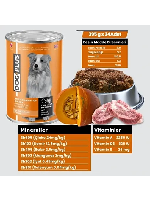 DogPlus Pate İçinde Et Parçacıklı Kuzu Etli ve Balkabaklı Yetişkin Köpek Konserve Yaş Mama 395 Gr x 24 Adet