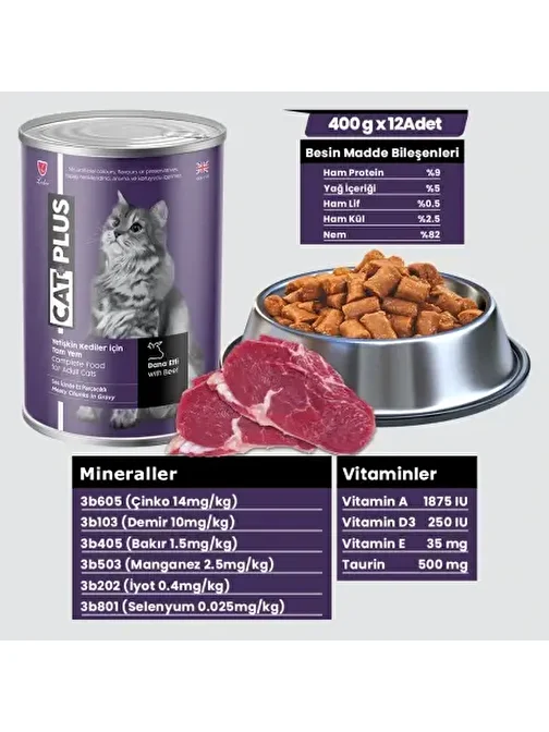 CatPlus Sos İçinde Et Parçacıklı Dana Etli Yetişkin Kedi Konserve Yaş Mama 400 Gr x 12 Adet