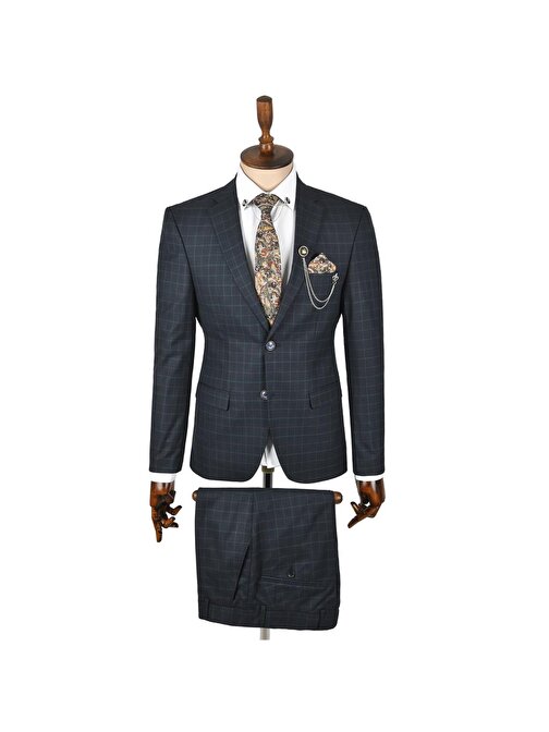 DeepSEA Erkek Lacivert Çift Düğme Slim Fit 2li Ekose Takım Elbise 2300274