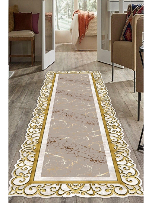 Gold Pvc Deri Kaymaz Taban Lazer Kesim Salon-Hol Saçaksız Halı L8003