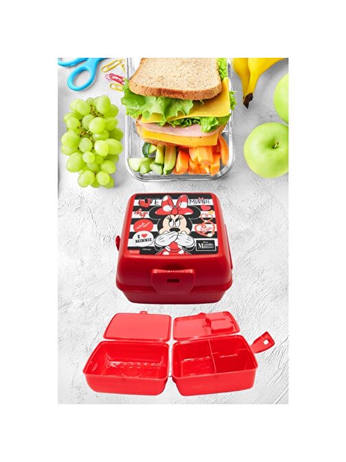 Piev 2 Bölmeli Kilitli Çatal Kaşıklı Minnie Mouse Beslenme Kabı Kırmızı