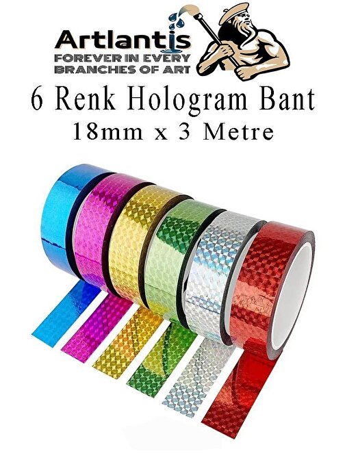 Renkli Hologram Bant 6 Renk 1 Paket 18mm x 3 Metre Yaldızlı Metalik Desenli Fosforlu Hologram Bant Hobi Tasarım
