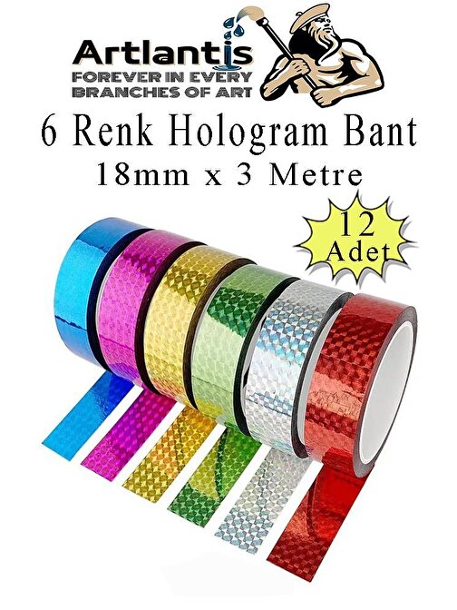 Renkli Hologram Bant 6 Renk 12 Adet 18mm x 3 Metre Yaldızlı Metalik Desenli Fosforlu Hologram Bant Hobi Tasarım