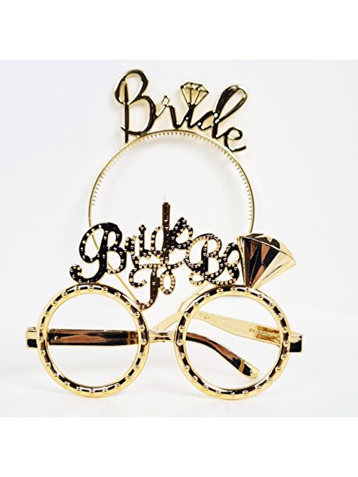 Bride Yazılı Taç ve Bride To Be Yazılı Gözlük Seti Altın Renk