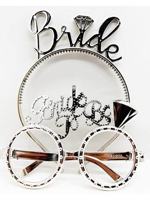 Bride Yazılı Taç ve Bride To Be Yazılı Gözlük Seti Gümüş Renk