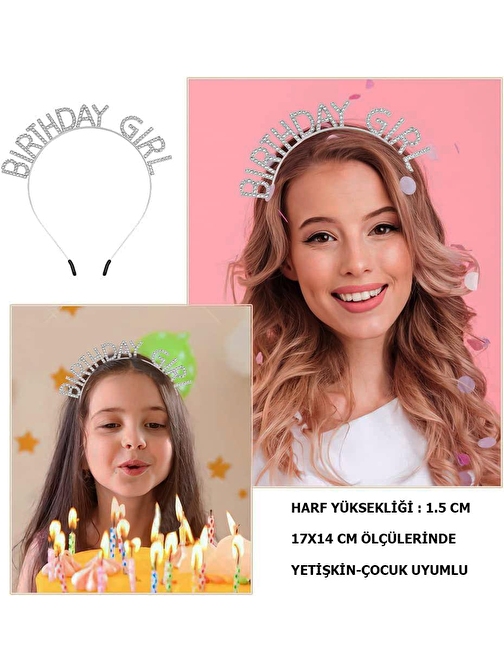 Kristal Taşlı Gümüş Birthday Girl Yazılı Doğum Günü Parti Tacı 19x11 cm