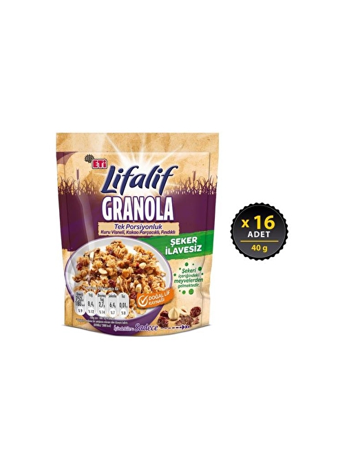 Lifalif Granola Kuru Vişneli, Kakao Parçacıklı, Fındıklı 40 g x 16 Adet