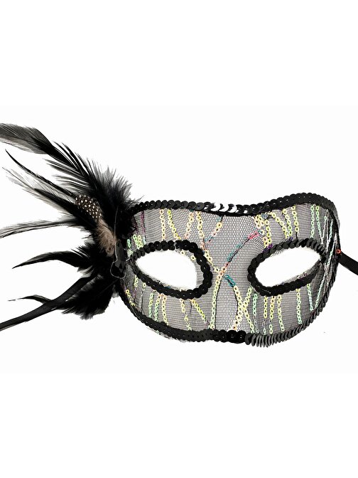 Siyah Renk Yandan Tüylü Pul Payet İşlemeli Parti Maskesi 23x12 cm