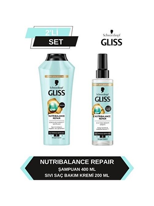 Gliss Nutribalance Repair Saç Dökülmesine Karşı Şampuan 400 ml ve Durulanmayan Sıvı Saç Kremi 200 ml