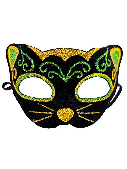 Himarry Siyah Kadife Kaplama Üzeri Sarı Yeşil Sim İşlemeli Kedi Maskesi 20x13 cm