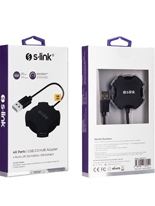 S-link Swapp SW-U212 Siyah Usb 2.0 4 Port Hub Kablolu Çevirici Adaptör