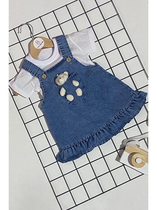 Ayıcık Oyuncaklı Kız Bebek İkili Kısa Kol Kot Elbise 