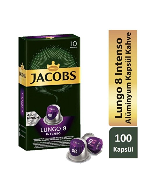 Jacobs Lungo 8 Intenso Nespresso Uyumlu Alüminyum Kapsül Kahve 10 Adet X 10 Paket