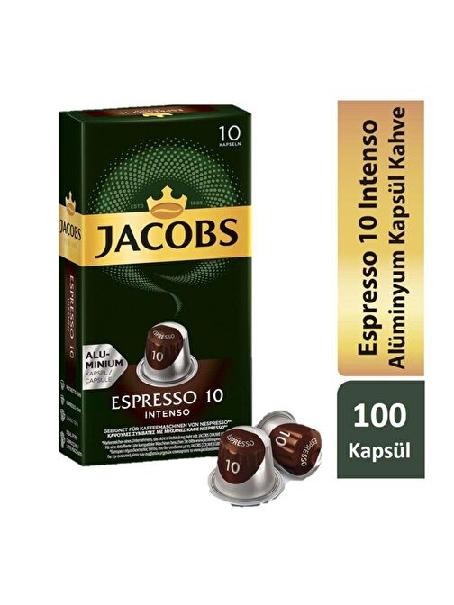 Jacobs Espresso 10 Intenso Nespresso Uyumlu Alüminyum Kapsül Kahve 10 Adet X 10 Paket