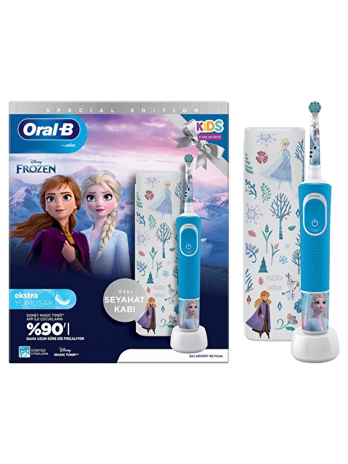 Oral-B D100 Vitality Frozen Özel Seri Çocuklar İçin Ekstra Yumuşak Şarj Edilebilir Diş Fırçası + Seyahat Kabı 