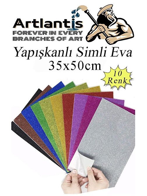 Simli Yapışkanlı Eva 35x50 cm 10 Renk 1 Paket Simli Yapışkanlı Eva Süngeri 10'lu Okul Kreş Anasınıfı Elişi Etkinlikleri