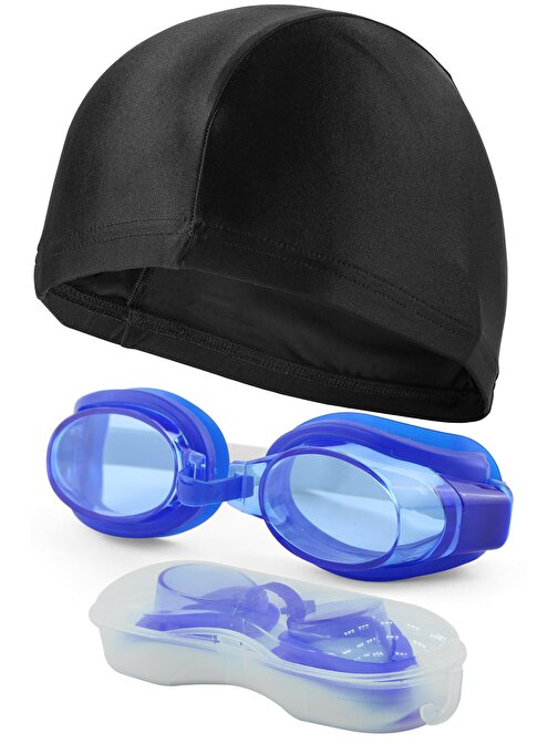 Yüzücü Gözlüğü Bone SETİ Kutulu Ayarlanabilir Havuz Deniz Yüzme Gözlüğü Çocuk-Yetişkin Mavi 1300
