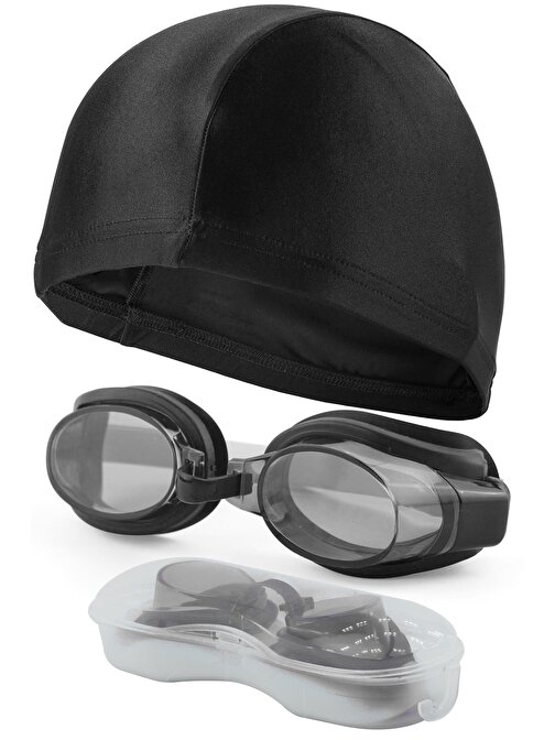 Yüzücü Gözlüğü Bone SETİ Kutulu Ayarlanabilir Havuz Deniz Yüzme Gözlüğü Çocuk-Yetişkin Siyah 1300