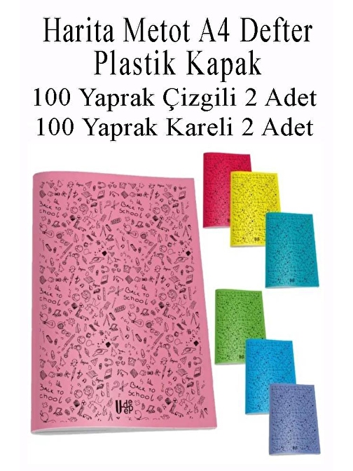 Defter Plastik Kapak A4 100 Yaprak Çizgili 2 Adet ve 100 Yaprak Kareli 2 Adet Harita Metod Defter