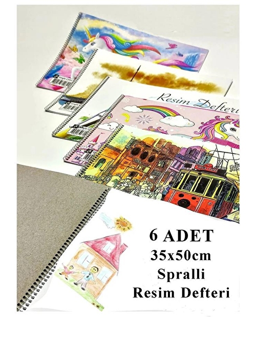 Resim Defteri 15 Yaprak 35x50 cm 6 Adet Spiralli Büyük Boy Resim Defteri Karton Kapak 110 gr Öğrenci Okul