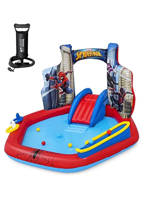 62002 Pompalı-Bestway 98793 Spiderman Temalı Kaydıraklı Fıskiyeli AquaPark Şişme Eğlence Havuzu, 211x206x127cm