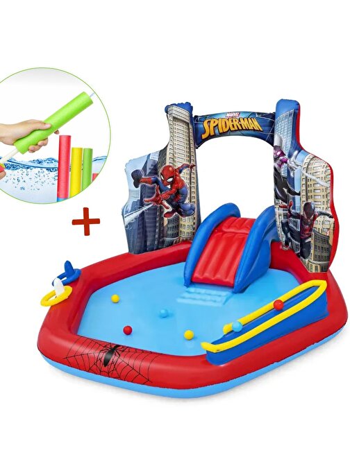 Su Pompalı-Bestway 98793 Spiderman Temalı Kaydıraklı Fıskiyeli AquaPark Şişme Eğlence Havuzu