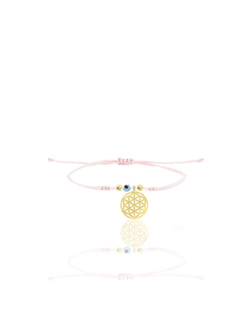 Gümüş altın yaldızlı nazarlı yaşam çiçeği  pembe ipli şans bileklik SGTL12479GOLD