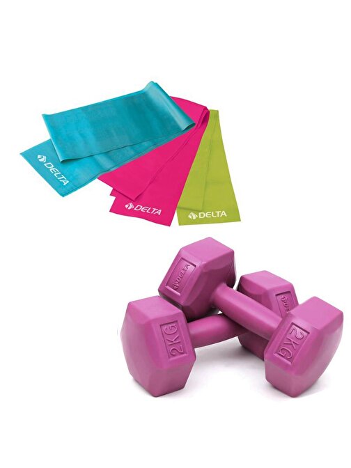 Delta 2 Kg x 2 Adet Plastik Dambıl 3'lü Pilates Bandı Fuşya