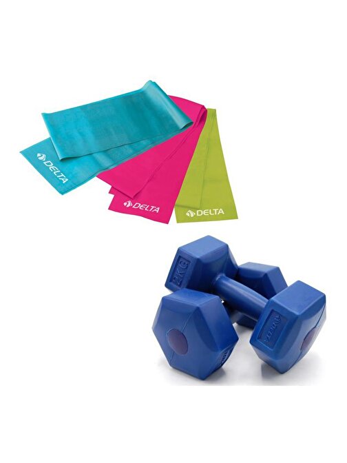 Delta 2 Kg x 2 Adet Plastik Dambıl 3'lü Pilates Bandı Mavi