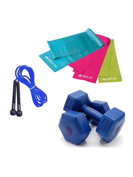 Delta 2 Kg x 2 Adet Plastik Dambıl 3'lü Pilates Bandı Atlama İpi