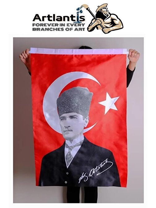 Atatürk Baskılı Türk Bayrağı 50x75 cm 1 Adet Bayraklı Atatürk Posteri Dijital Baskı Raşel Kumaş İç ve Dış Ortama Uygundur