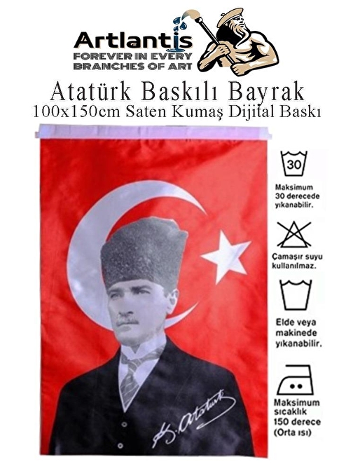 Atatürk Baskılı Türk Bayrağı 100x150 cm 1 Adet Bayraklı Atatürk Posteri Dijital Baskı Raşel Kumaş İç ve Dış Ortama Uygundur