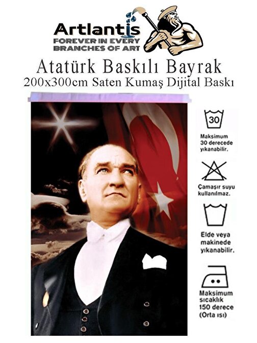 Atatürk Baskılı Türk Bayrağı 200x300 cm 1 Paket Bayraklı Atatürk Posteri Dijital Baskı Raşel Kumaş İç ve Dış Ortama Uygundur