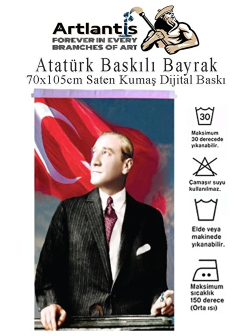 Atatürk Baskılı Türk Bayrağı 70x105 cm 1 Paket Dijital Baskı Bayraklı Atatürk Posteri Raşel Kumaş İç ve Dış Ortama Uygundur