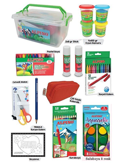 Okul Kırtasiye Seti 15 Parça 1 Paket Alpino Keçeli Kalem Kuruboya Pastel Boya Oyun Hamuru Makas Stick Yapıştırıcı