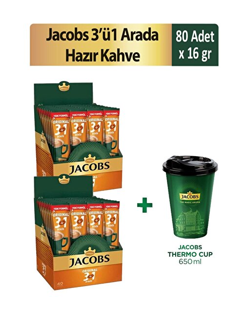 Jacobs 3'ü 1 Arada Hazır Kahve 40'lı x 2 Adet + Thermo Cup 650 ml