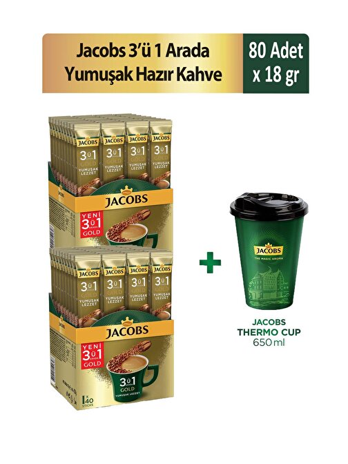 Jacobs 3'ü 1 Arada Yumuşak Hazır Kahve 40'lı x 2 Adet + Thermo Cup 650 ml