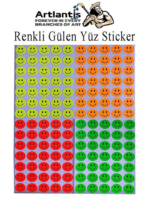 Gülen Yüz Sticker 140 lı 1 Paket 19 mm Fosforlu Turuncu Sarı Pembe Yeşil Gülen Yüz Etiket Çıkartma Okul Etkinlik