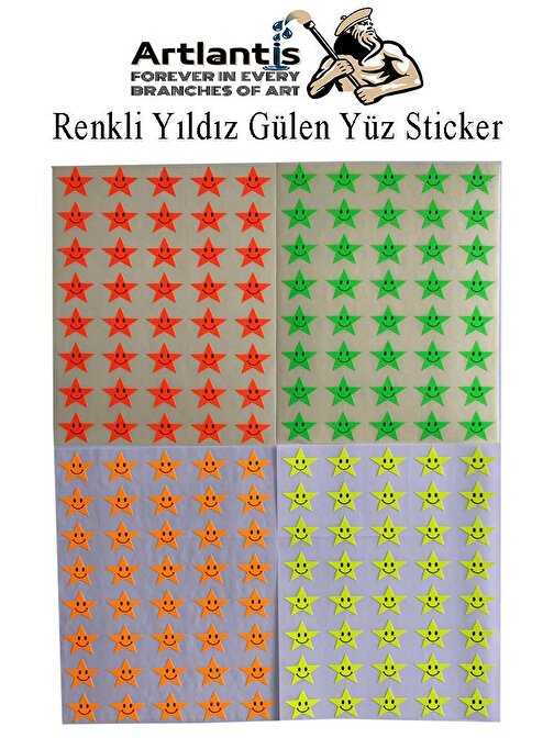 Yıldız Gülen Yüz Sticker 160 lı 1 Paket 17 mm Fosforlu Turuncu Sarı Pembe Yeşil Gülen Yüz Etiket Çıkartma Okul Etkinlik