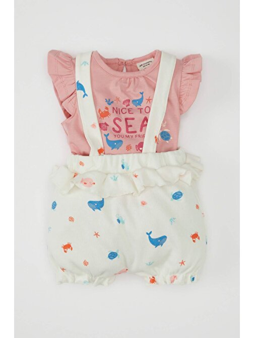 Kız Bebek Deniz Baskılı Fitilli Kaşkorse Kısa Kolu Tişört Askılı Tulum 2li Takım D0793A524HS