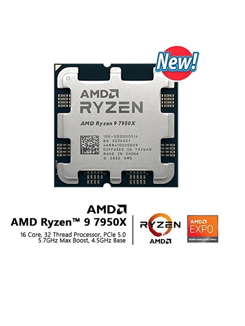 Amd Ryzen 9 7950X TRAY 4.5 GHz 16 Çekirdek 80MB Cache AM5 Soket 5nm İşlemci Kutusuz