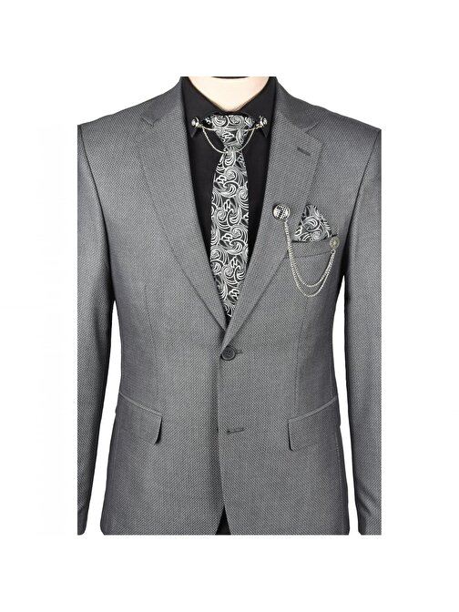 DeepSEA Erkek Antracite Kumaşı Kendinden Desenli Çift Düğme Çift Yırtmaç 2 Li Slim Fit Takım Elbise 2302000