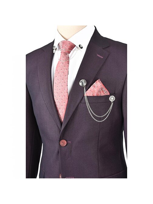 DeepSEA Erkek Mürdüm Kumaşı Kendinden Desenli Çift Düğme Çift Yırtmaç 2 Li Slim Fit Takım Elbise 2302000