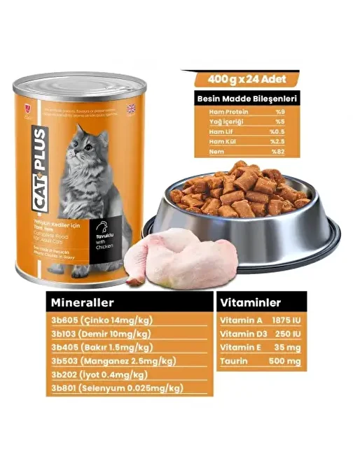 CatPlus Sos İçinde Et Parçacıklı Tavuklu Yetişkin Kedi Konserve Yaş Mama 400 Gr x 24 Adet