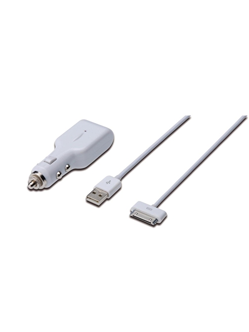 Digitus USB Araç İçi Çakmaklık Şarj Adaptörü  ve Şarj Kablosu,  1 x USB port, Giriş: 12-24V Çıkış: 5V + Apple 30pin Erkek - USB A Erkek Kablo, 1 metre