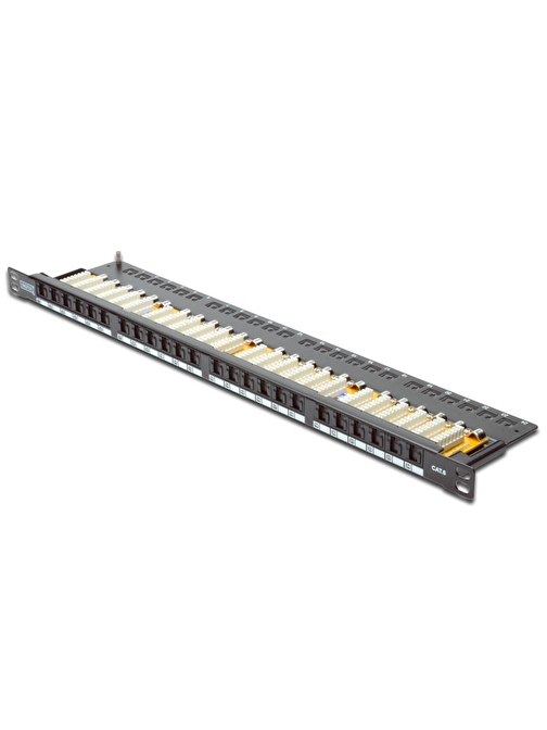 Digitus 19&quot; 24 port Cat-6 UTP Patch Panel, 8P8C, LSA, 0,5U boyut, tozdan korumak için kapaklı, zırhsız, siyah renk